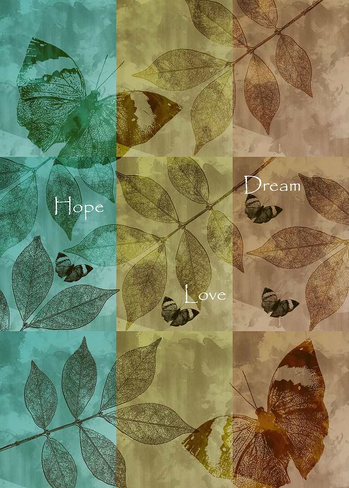 Inspirational collage with leaves and butterflies and t ...