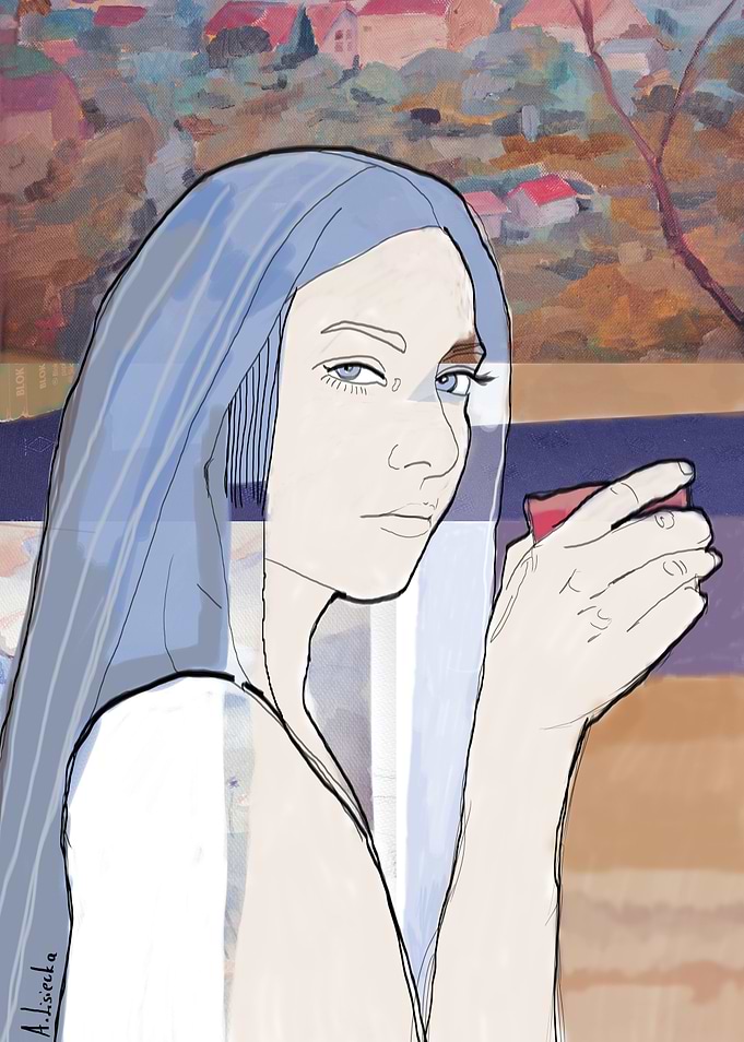 graphic collage. Young girl with purple hair with glass ...