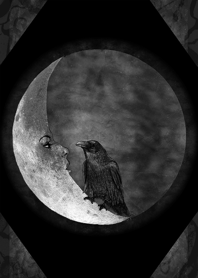 The crow and its moon (version; black and white)