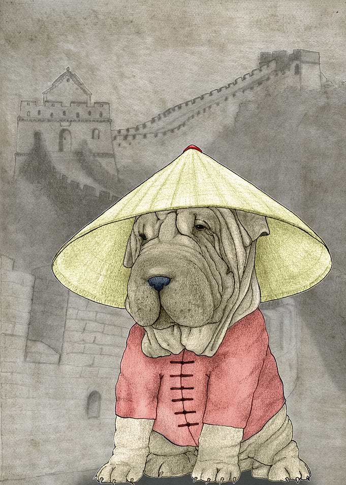 Shar pei in the Great Wall. Hand drawed illustration.