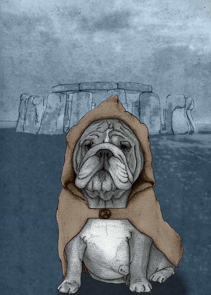 English Bulldog in Stonehenge. Free hand drawed illus ...