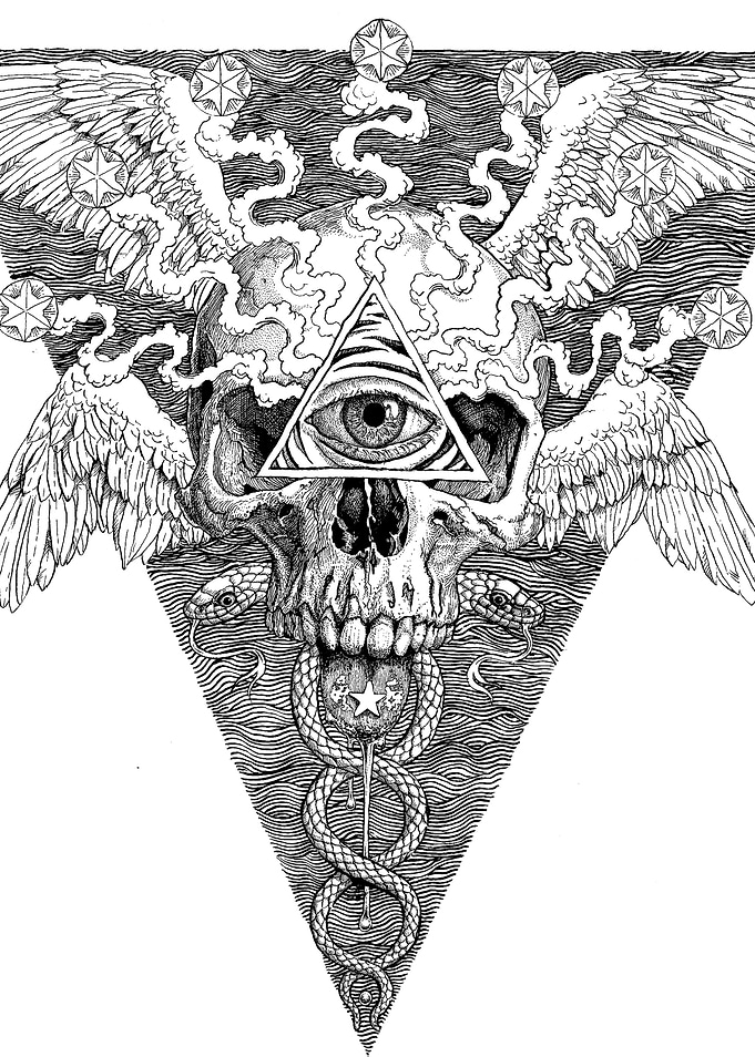 A hand drawn illustration. A psychedelic gothic depicti ...