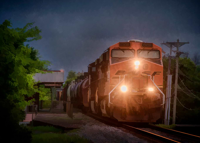 Southbound BNSF Train at dusk