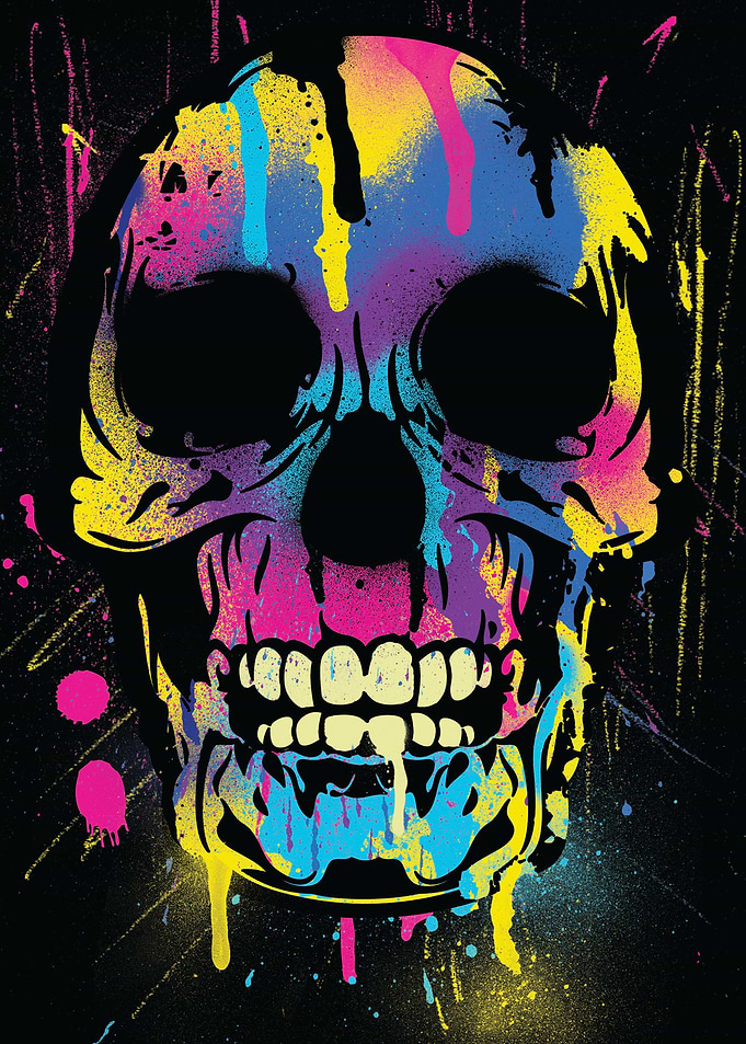 Skull with colorful paint drips