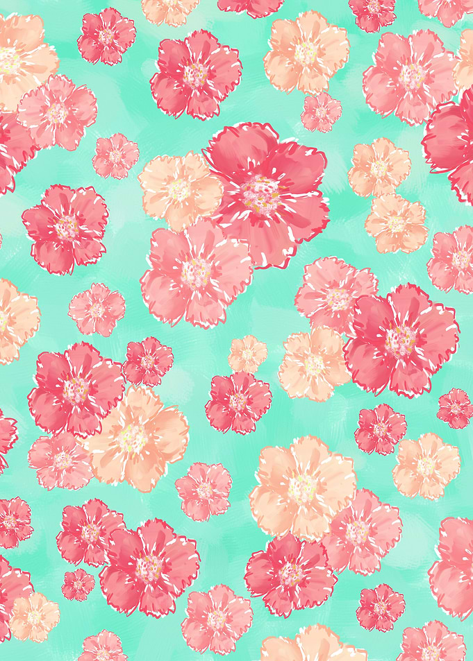 Blossoms (Aqua) - Digitally oil painted blossoms, patte ...