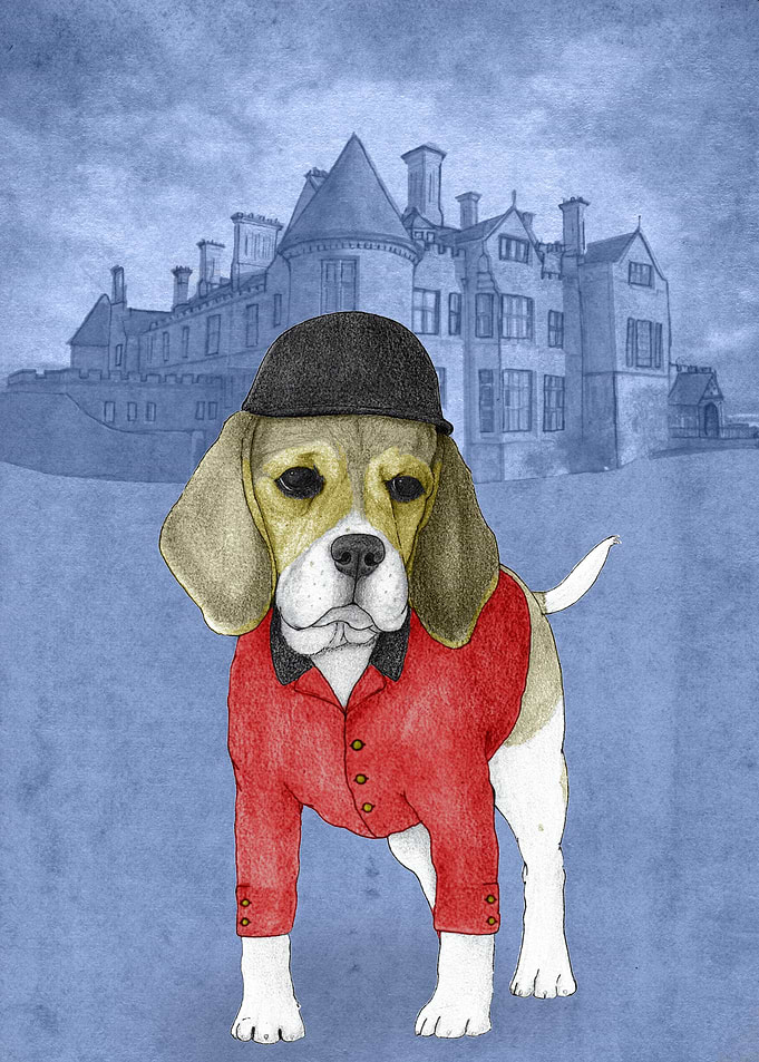 Beagle. Handraw of a Beagle in front of Beaulieu palac ...