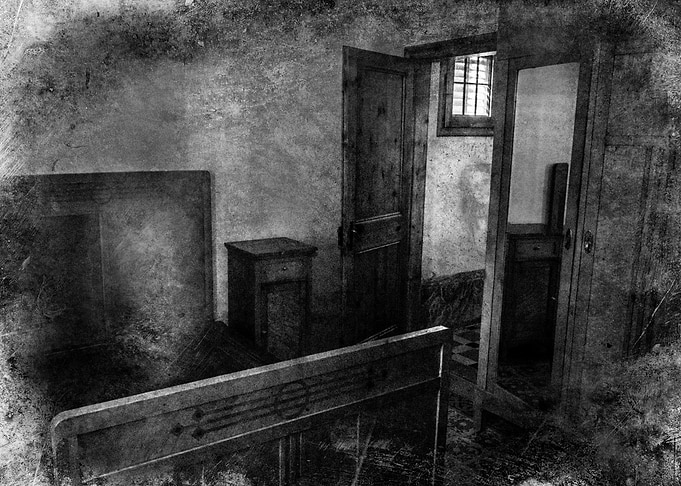 View of an Art Nouveau Sanitarium. Bedroom with an unex ...