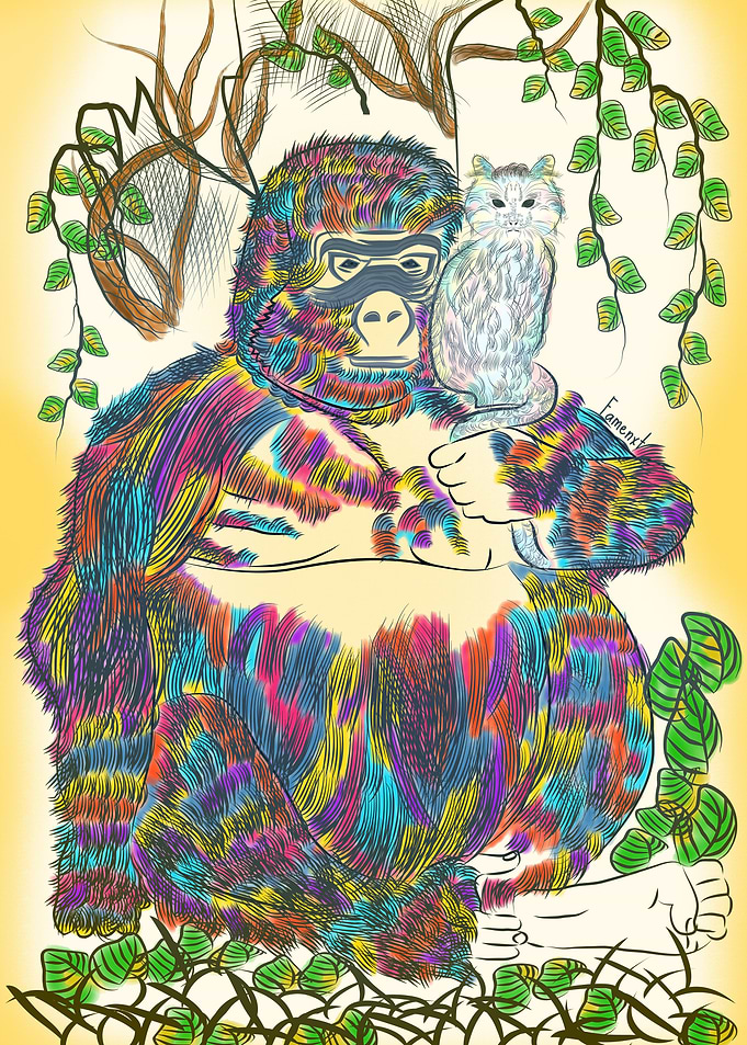 Vibrant Jungle Gorilla and his Cat