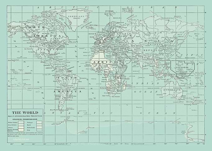 Soft Teal Vintage World Map