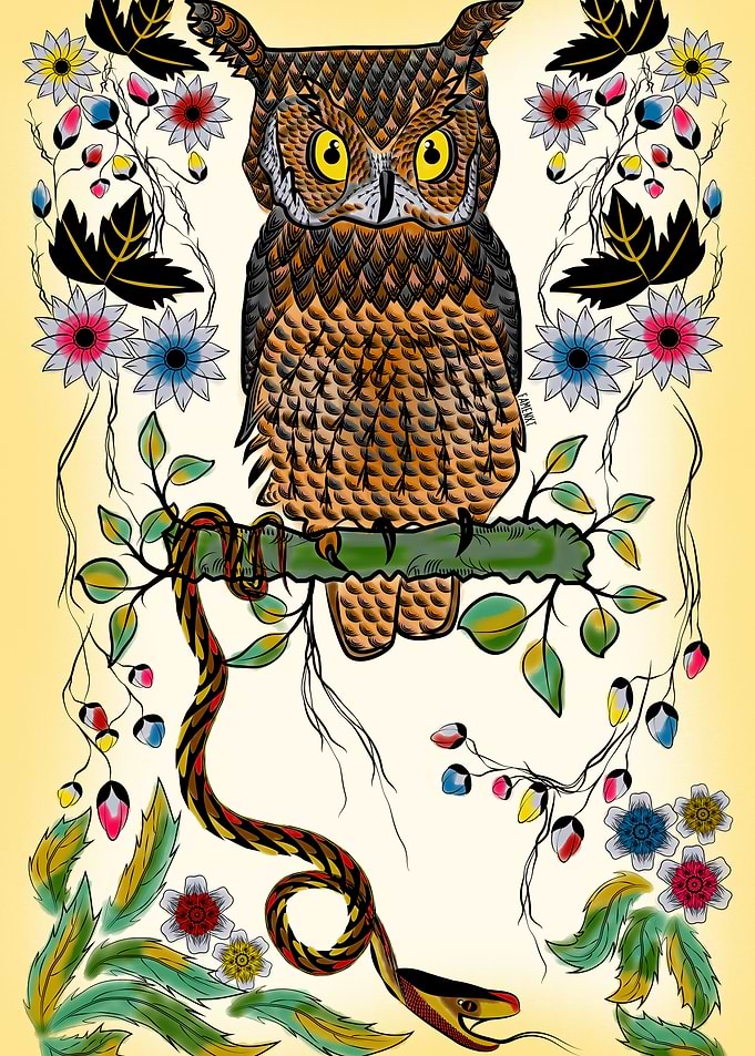Vibrant Jungle Owl and Snake