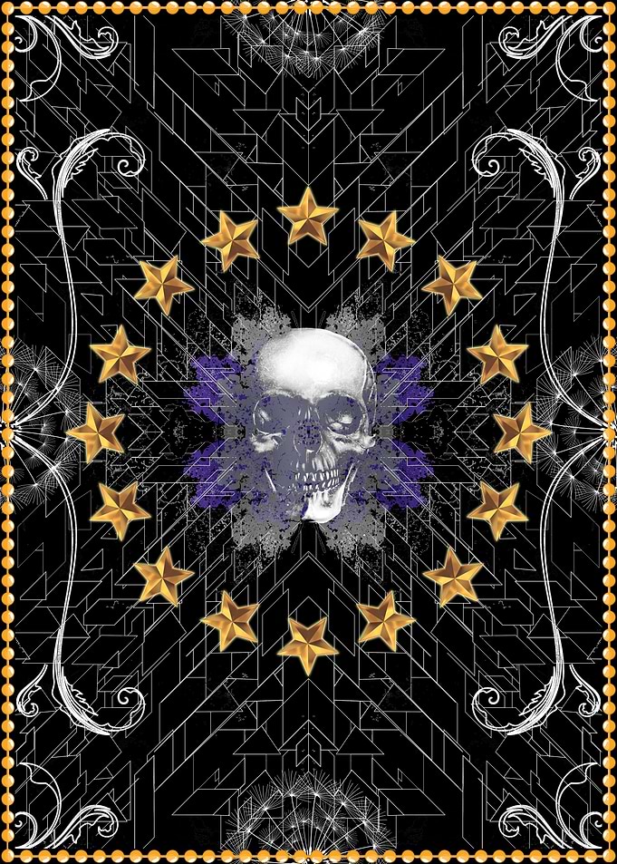 Black mystical triangles abstract pattern with a skull