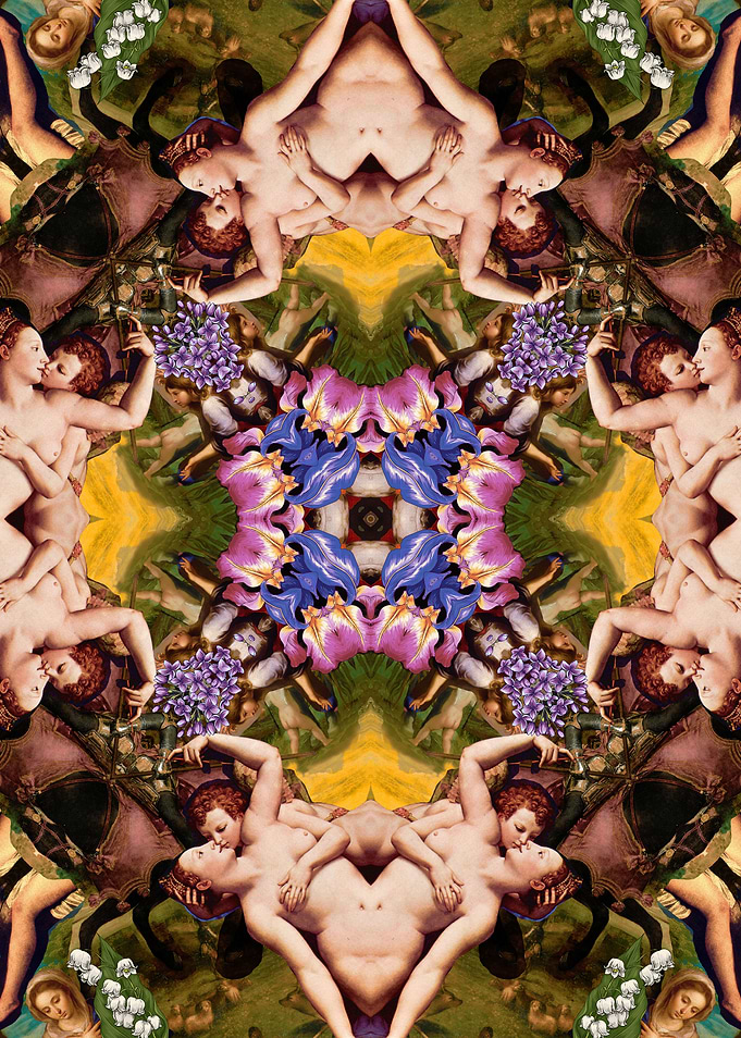 Floral abstract rennaisance pattern with angels kissin ...