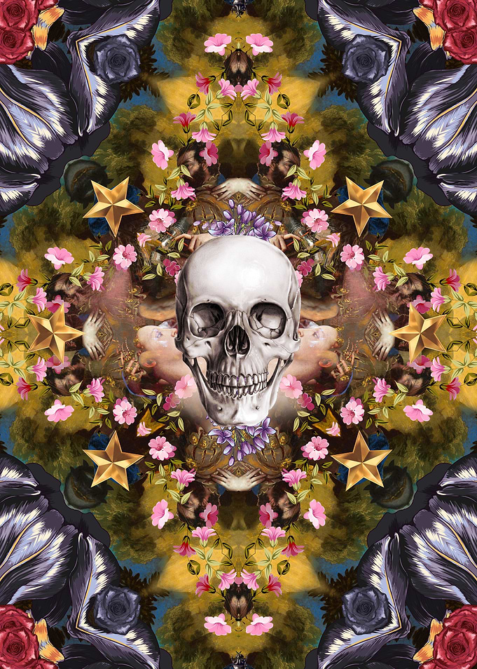 Floral abstract rennaisance collage with a skull
