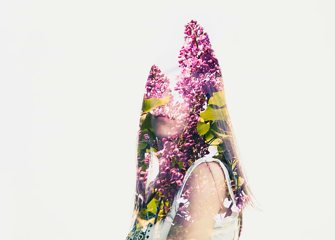 Multiple exposures woman and lilac.