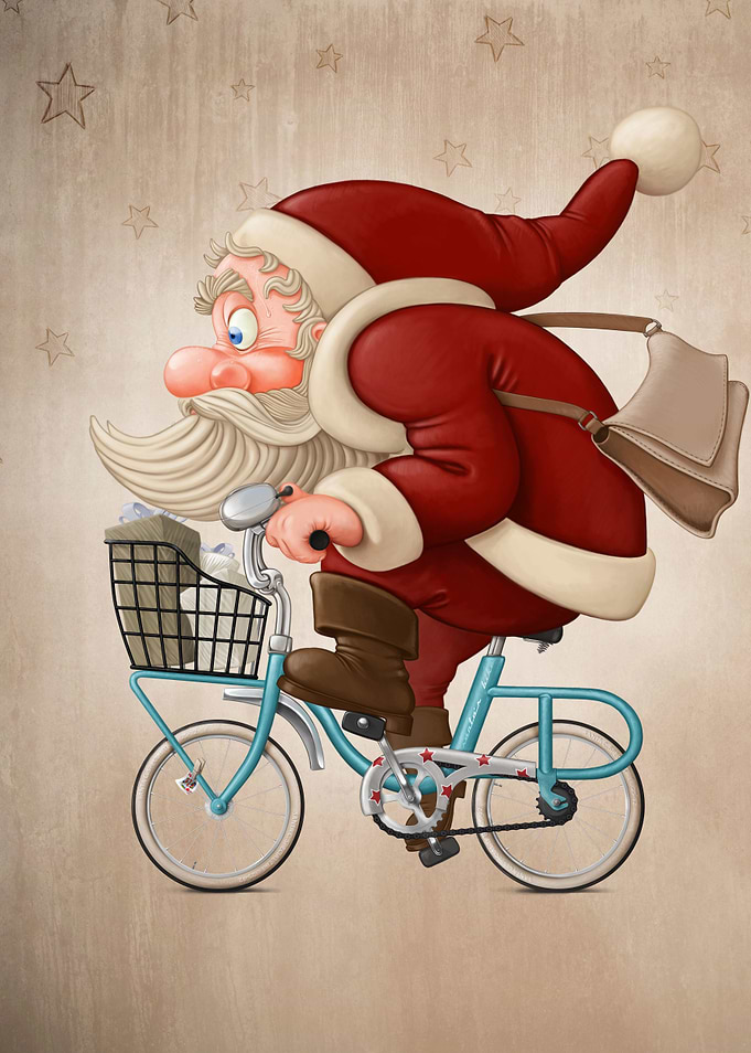 Santa Claus rides a bike
