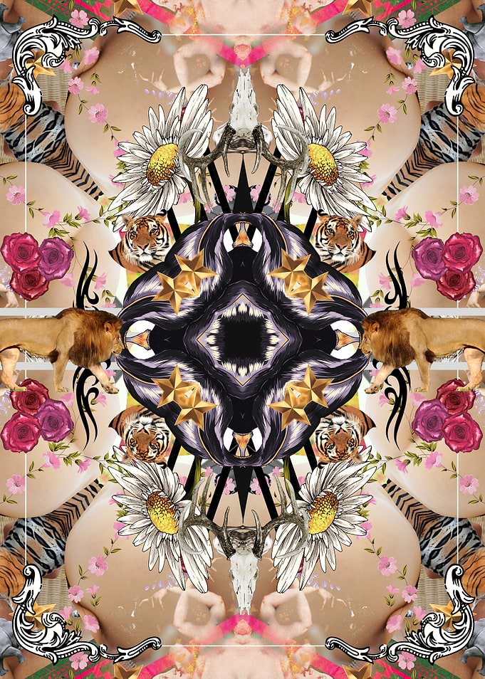 Abstract floral pattern with lions, tigers and angels