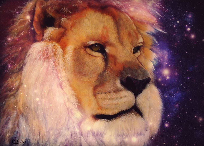 Leo- lion acrylic painting with a starry overlay.
