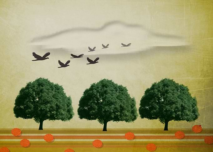 digital trees with birds