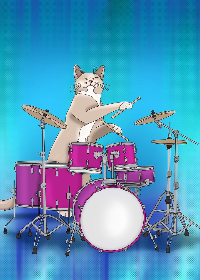 Cat Playing Drums - Blue