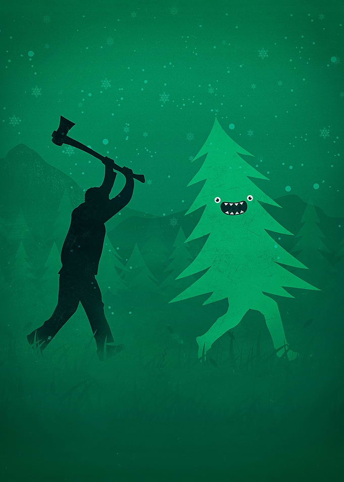 Funny Cartoon Christmas tree is chased by Lumberjack / ...