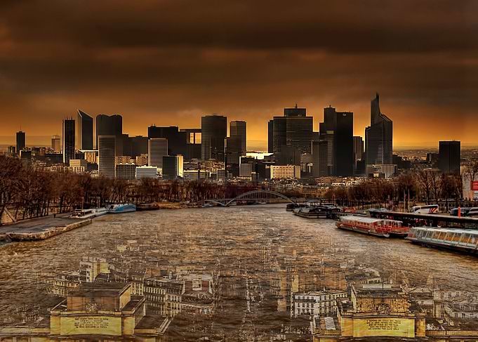 A view of modern Paris and Paris under water.