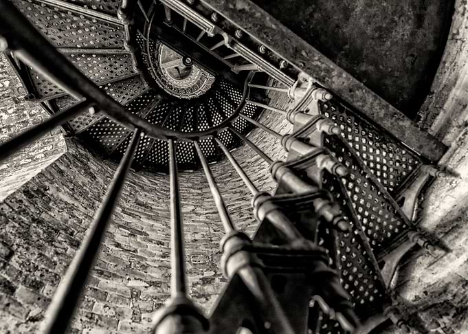 The spiral stairway inside a lighthouse on the Great La ...