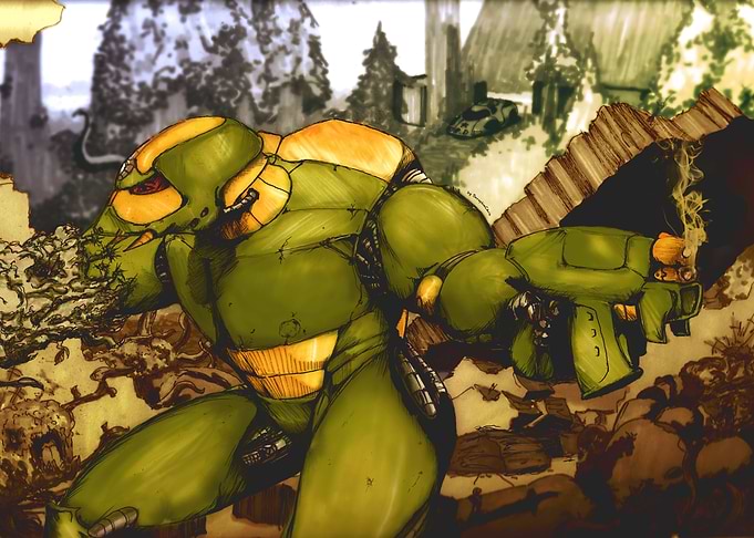 Green Suit fighting off some plant monsters