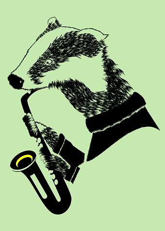 A badger playing a saxophone. A fun black and white ima ...