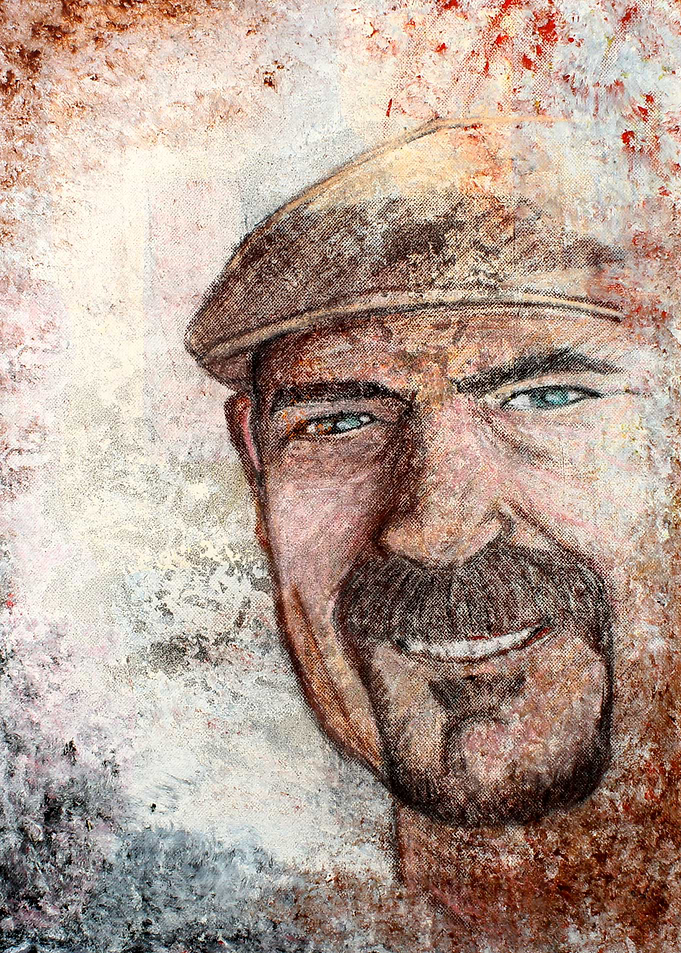 Man in Hat. Pastels on painted canvas