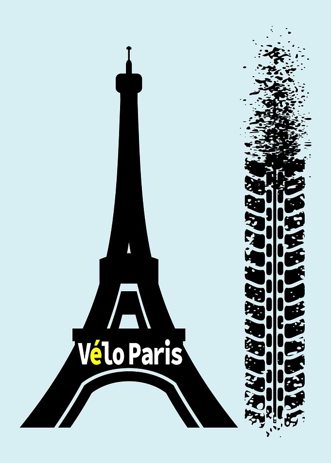 Velo Paris. A black mountain bike tyre beside the silho ...