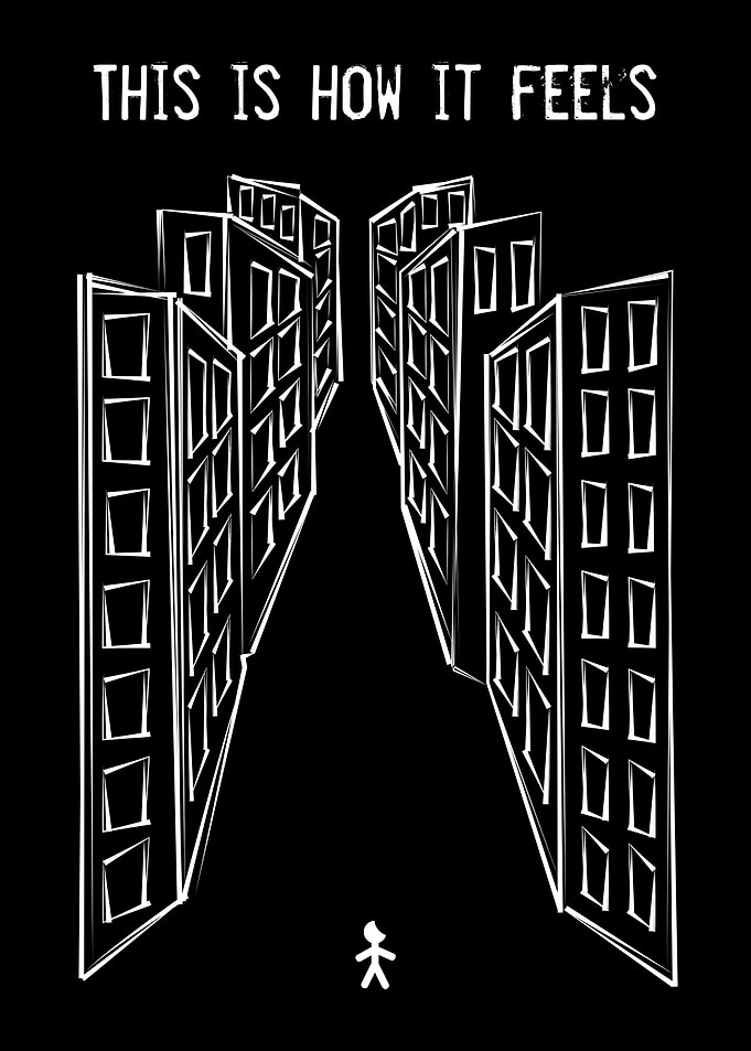 Depression. A stick man standing in a vast empty street ...
