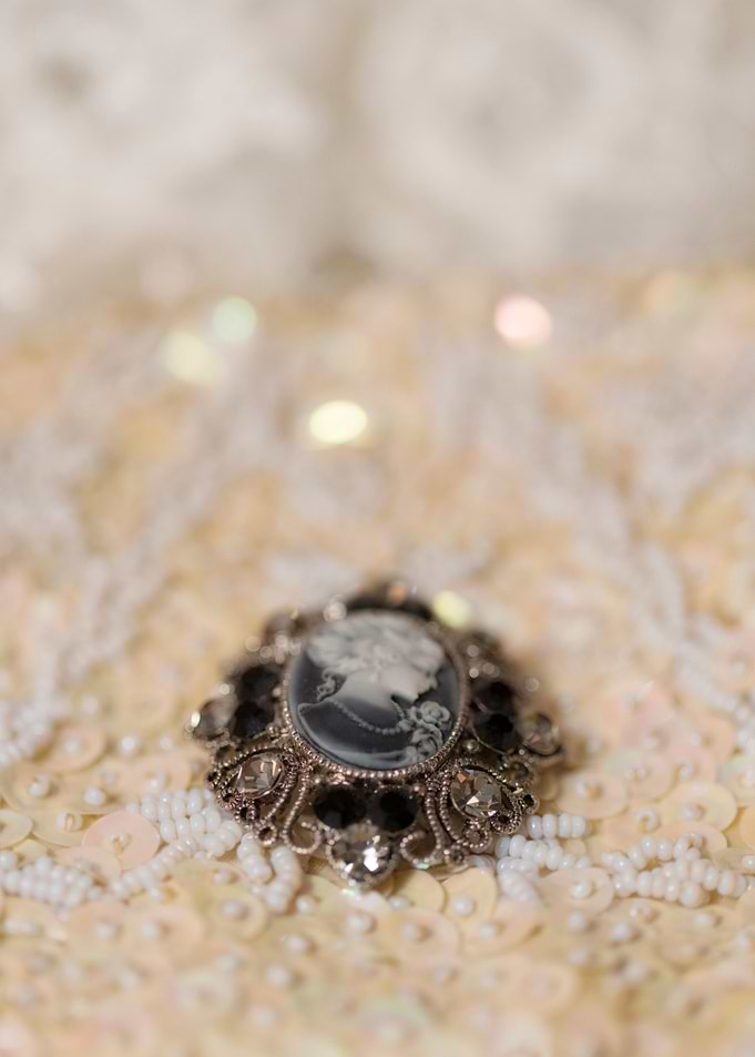 Black Victorian cameo on vintage beaded evening purse w ...