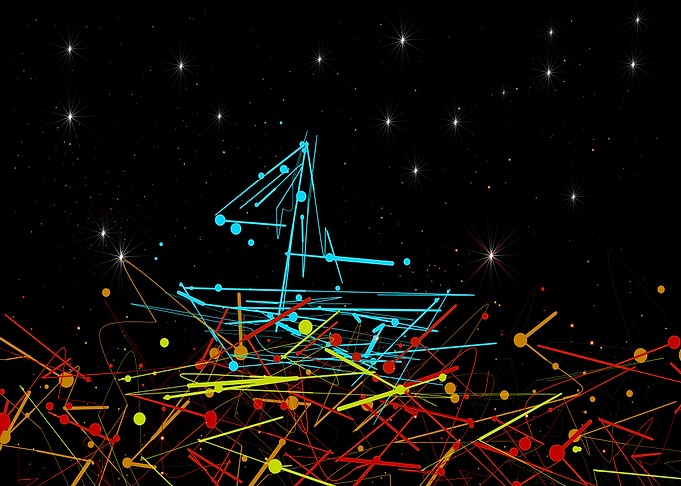 at night, the sea under a starry sky is colorful
