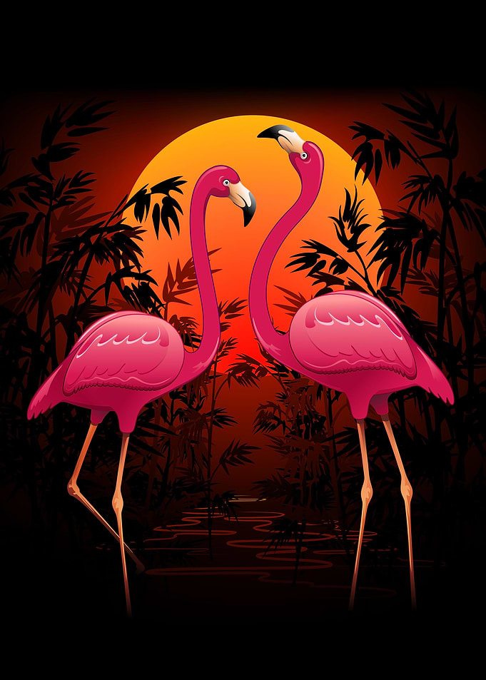 Pink Flamingos on Peaceful Tropical Sunset