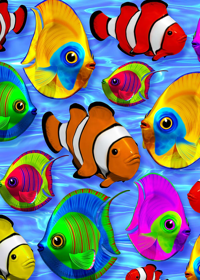 3d Tropical Fishes on Clear Crystal Water