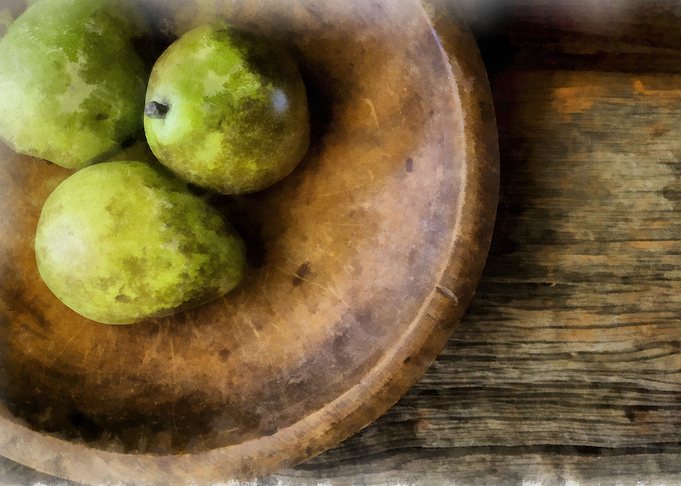 Three Pears in a wooden bowl still life by Edward M. Fi ...
