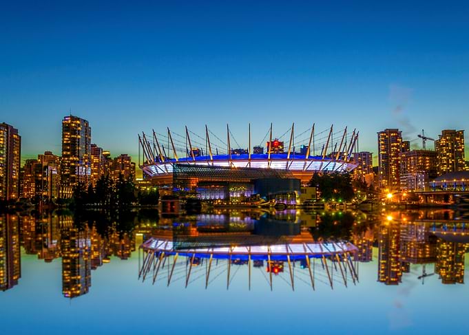 Reflection of BC Place Stadium during blue hour