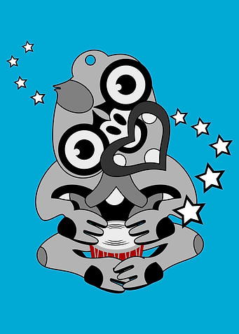 Black and white Hei Tiki playing a red drum. A New Zeal ...