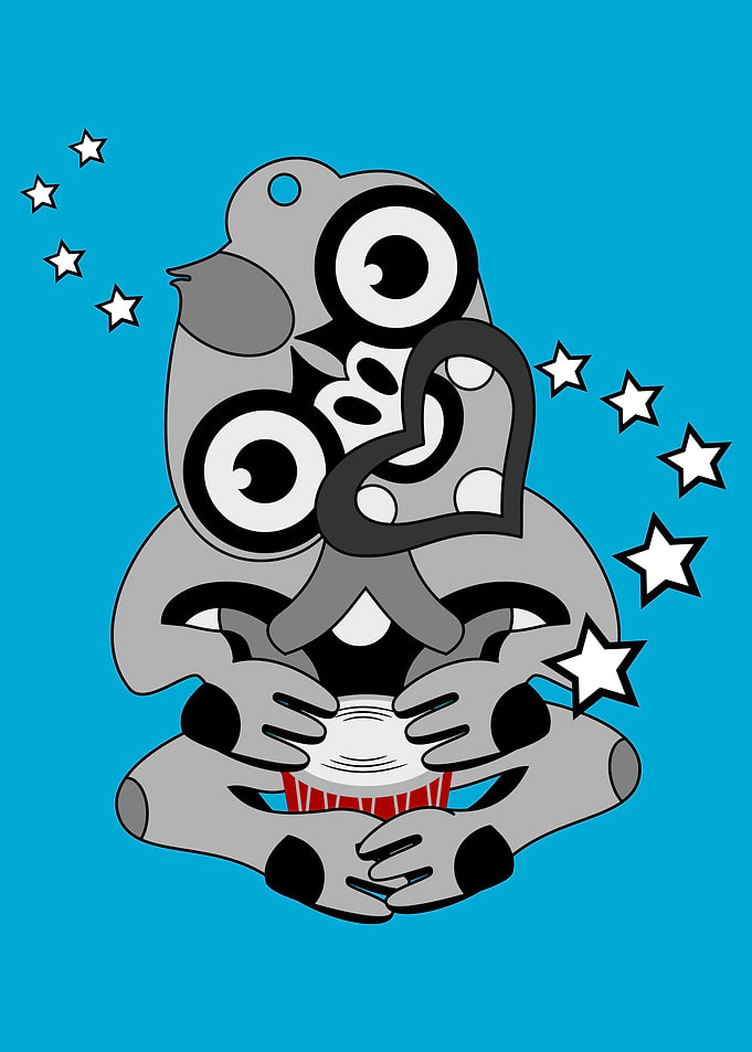 Black and white Hei Tiki playing a red drum. A New Zeal ...