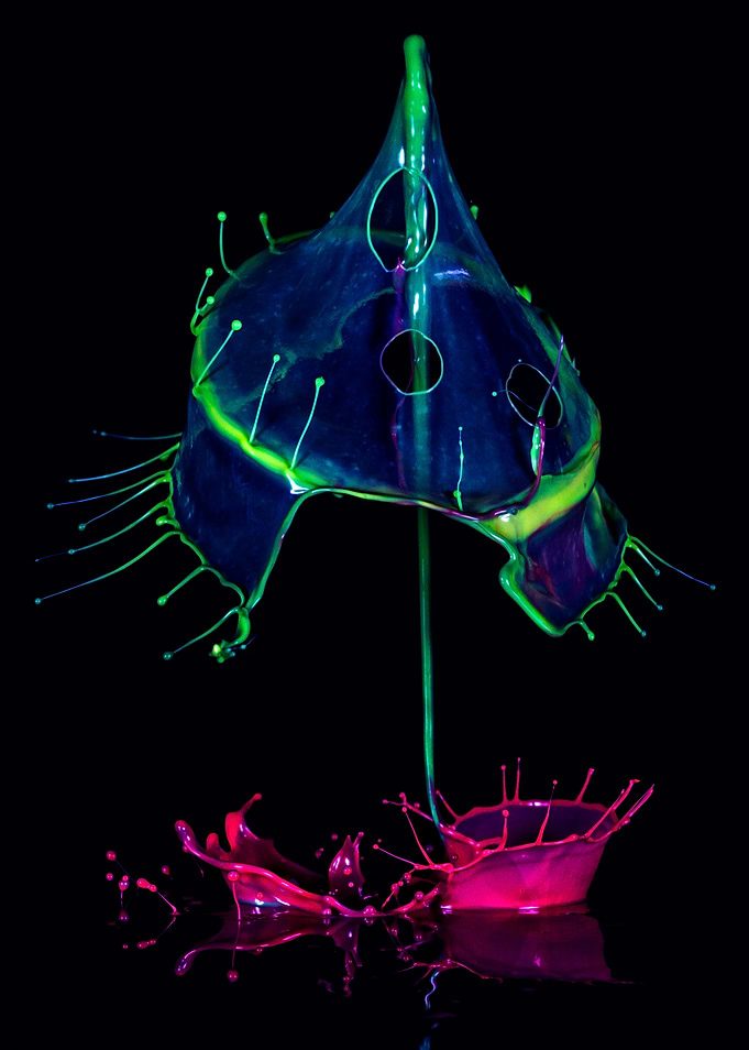 In blue, green and pink
