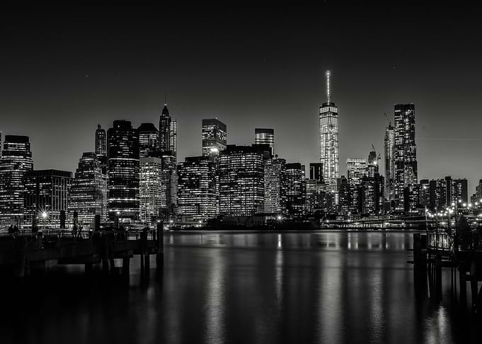 Night view if the stunning sky line of lower manhattan. ...