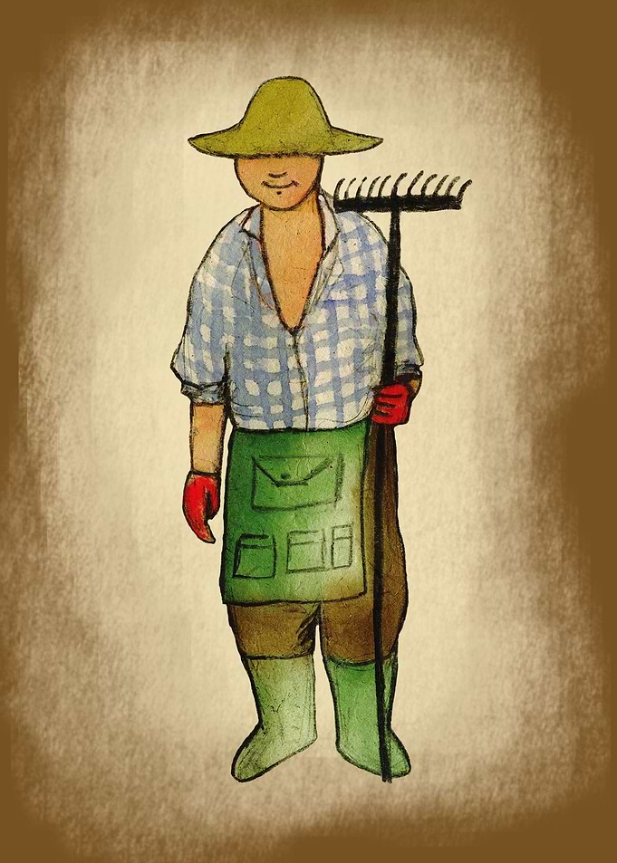 Happy farmer handing a rake with gloves, wearing straw ...