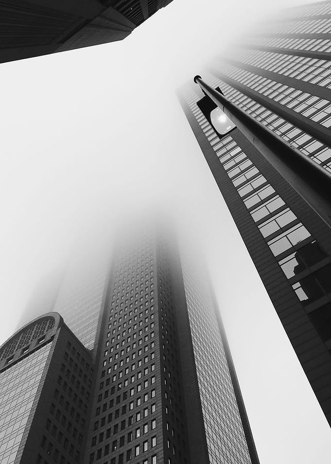 Black and White photo of downtown Dallas on a Foggy mor ...