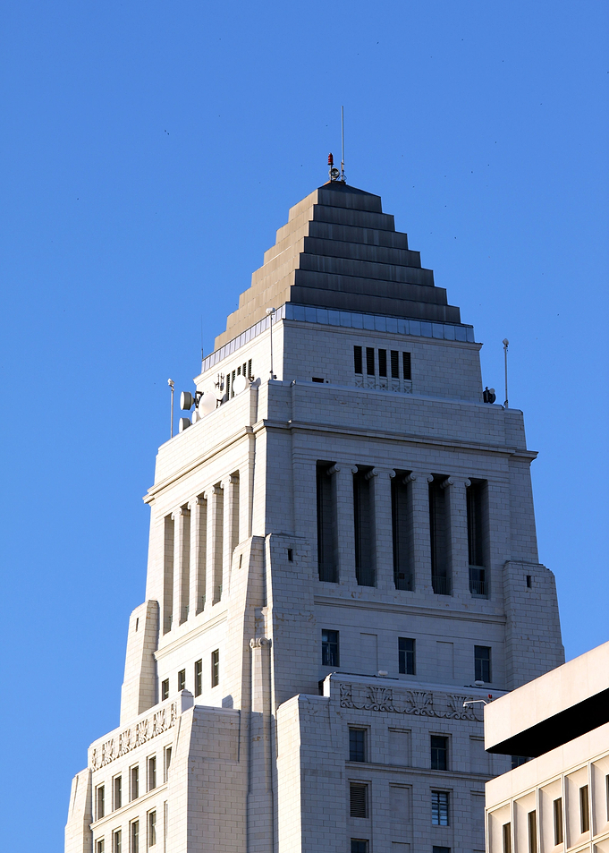 Los Angeles City Hall Top part and rooftop of the city ...