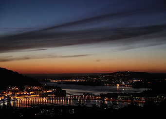 Pontedeume skyline. Lights in the night when sunset com ...