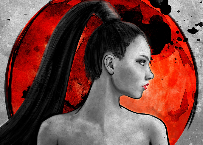A painting of a woman in profile in an inky color isola ...