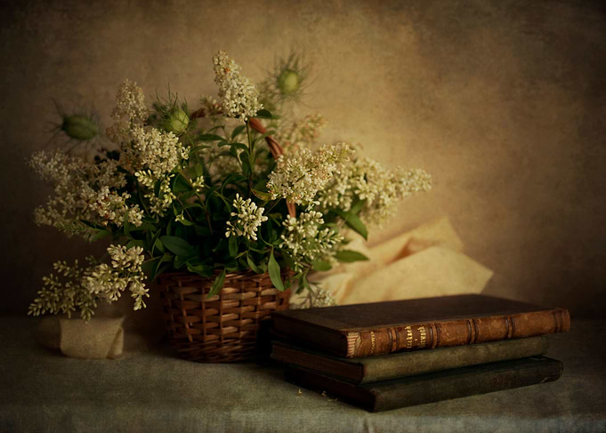 Still life with a pile of book and white flowers in the ...