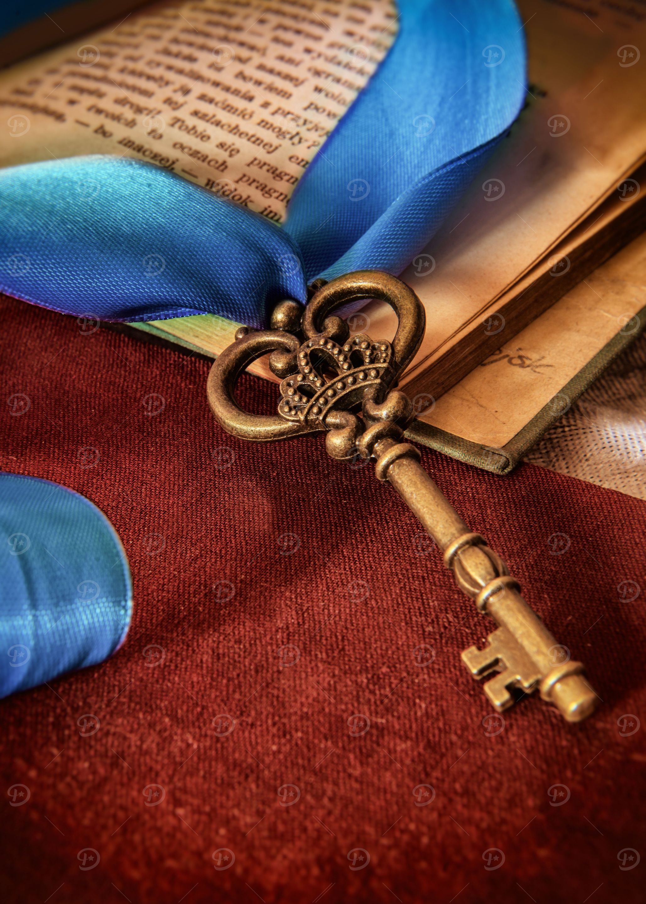 Still life with an ornamented key, blue ribbon and open ...