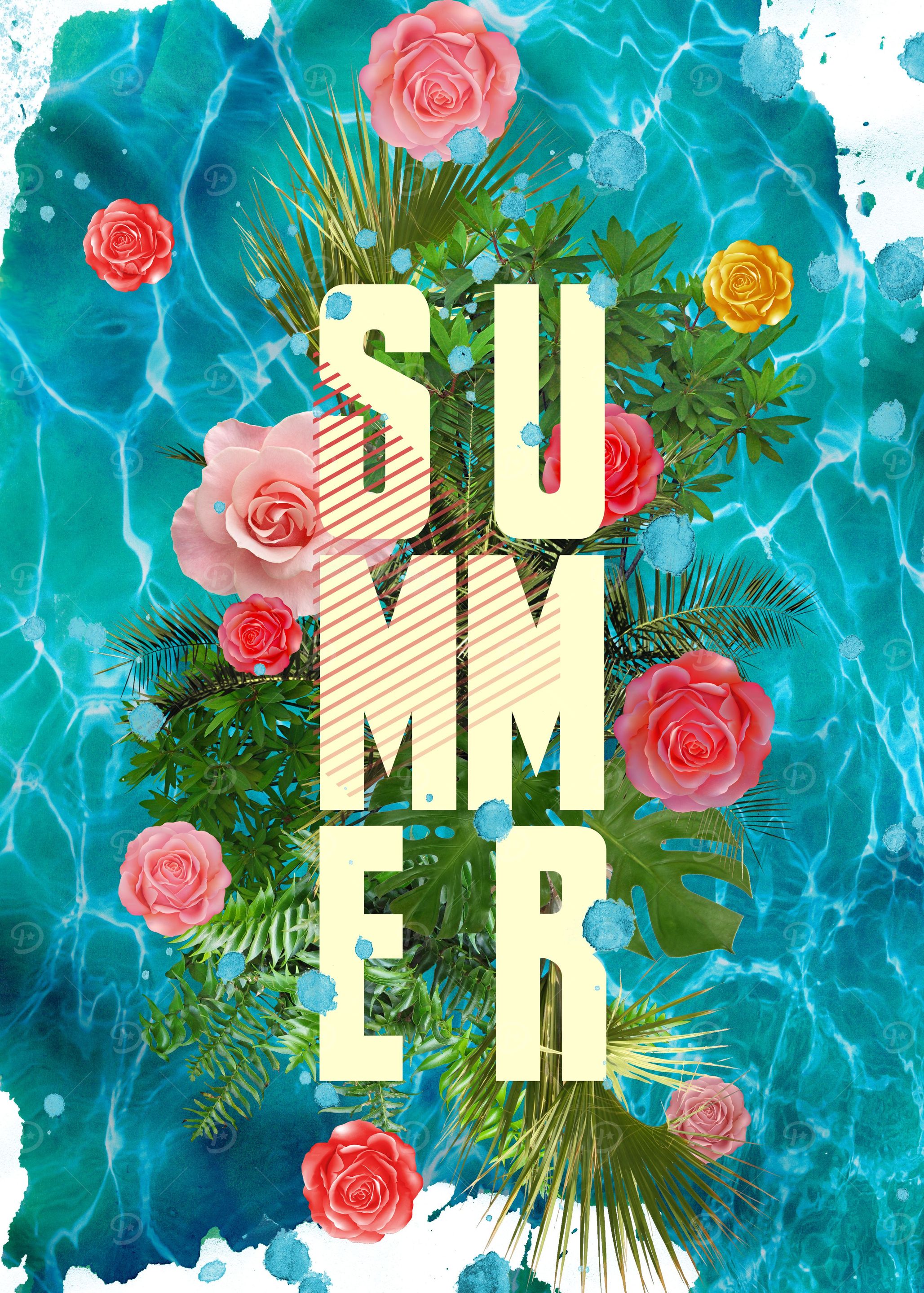 Summer collage with flowers and palm trees
