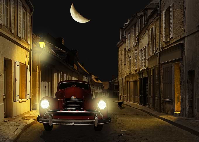 Old Town, with vintge car in the moonlight
